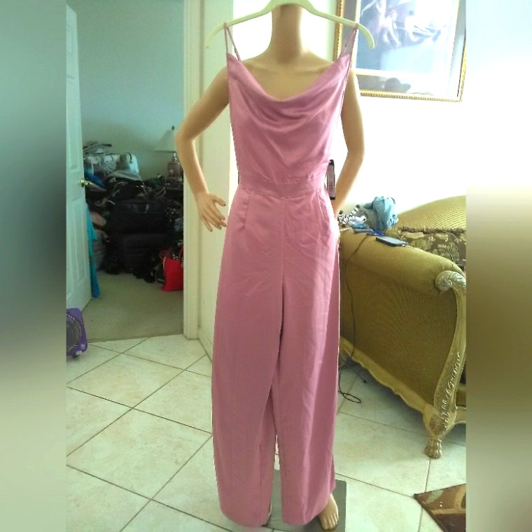 Bnwt Bebe Satiny Elegant Pink Jumpsuit Drop Neckline(Orchid Color) Sz. Sm